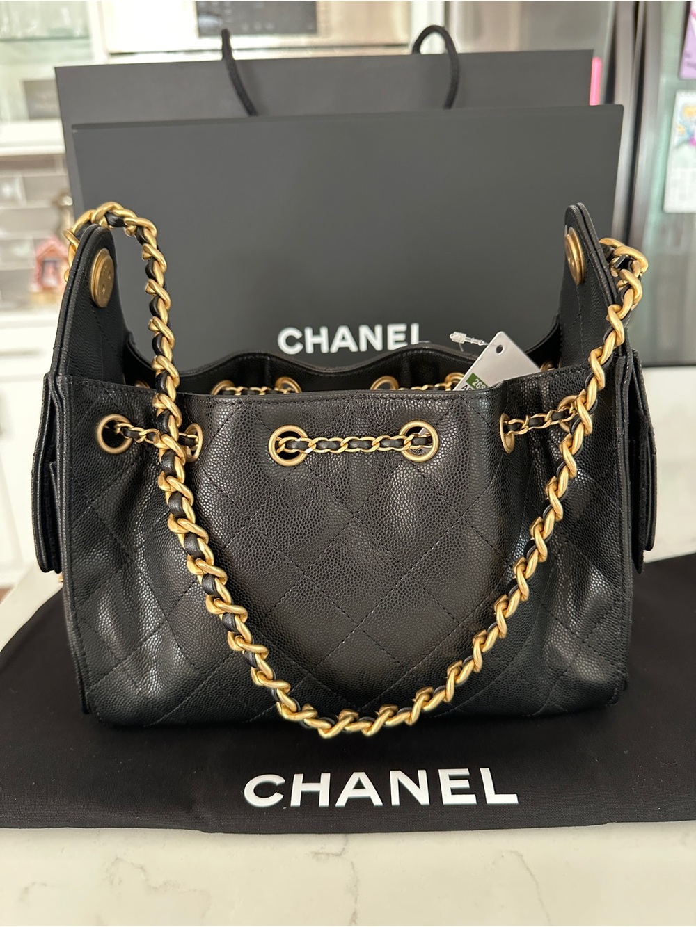 CHANEL 25 MINI Black Quilted Leather Hobo with Gold Chain Trim - Picture 2 of 3